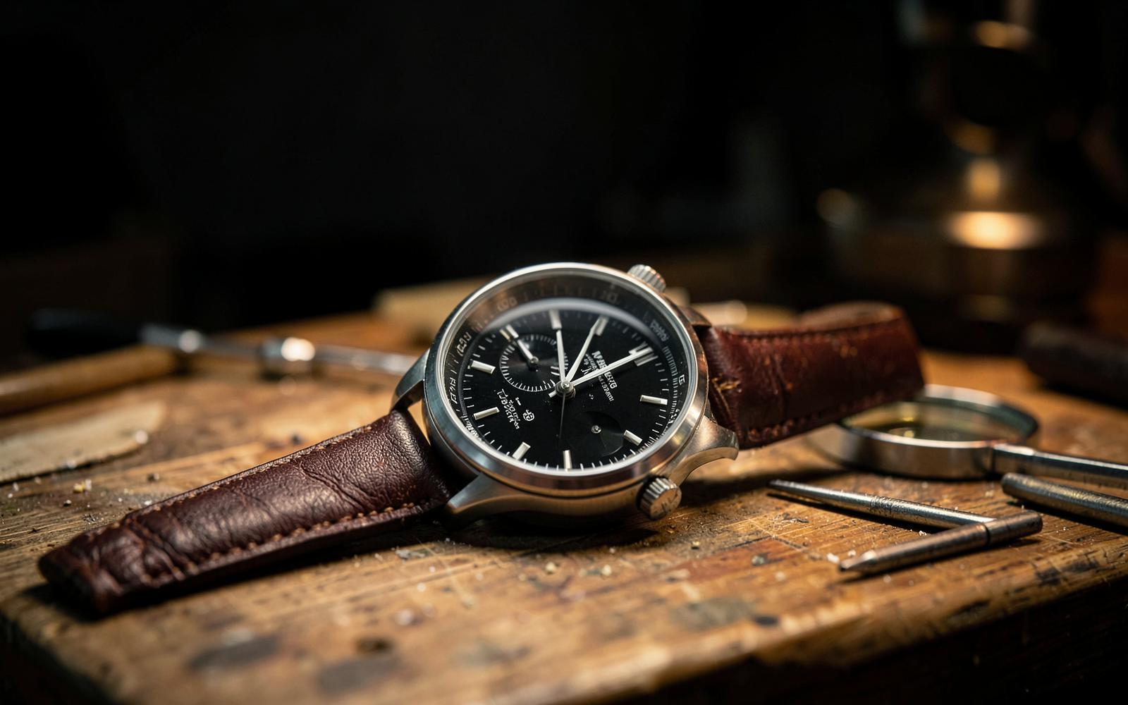 Relieamphi Chronograph R-01 auf der hölzernen Werkbank einer Uhrmacherwerkstatt